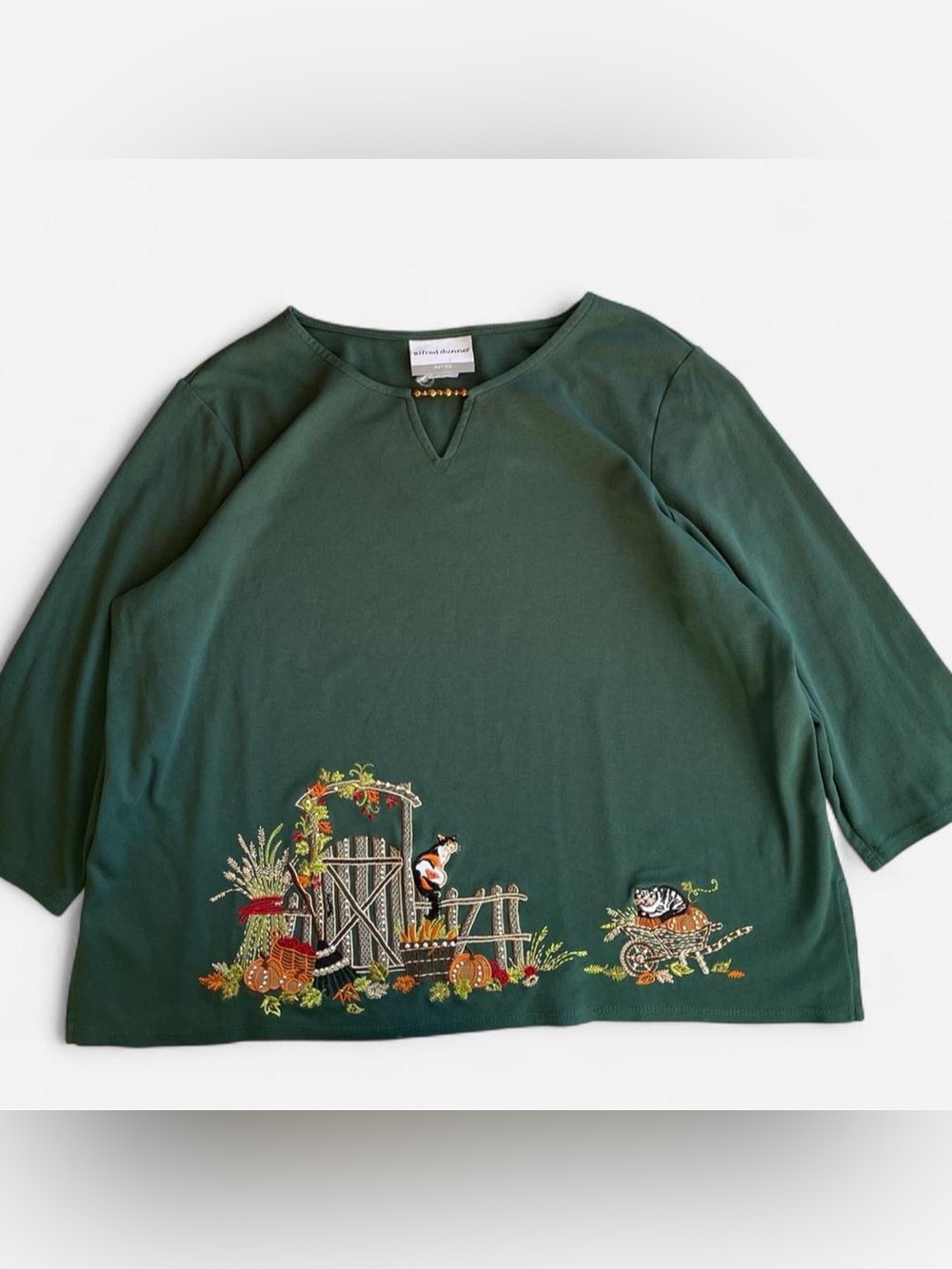Alfred Dunner Petites Dark Green Embroidered Fall Pumpkin & Cats Shirt